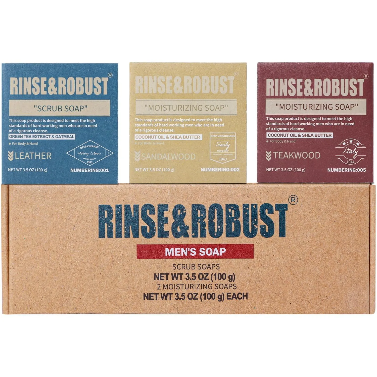 Rinse & Robust Mens Bar Soap Bath Bar Soap 3Pack Handmade Natural Soap Bar Set Cleansing Bar Moisturizing&Exfoliating Scrub Soap Gift Set for Men | 3.5 oz of 3 Bars