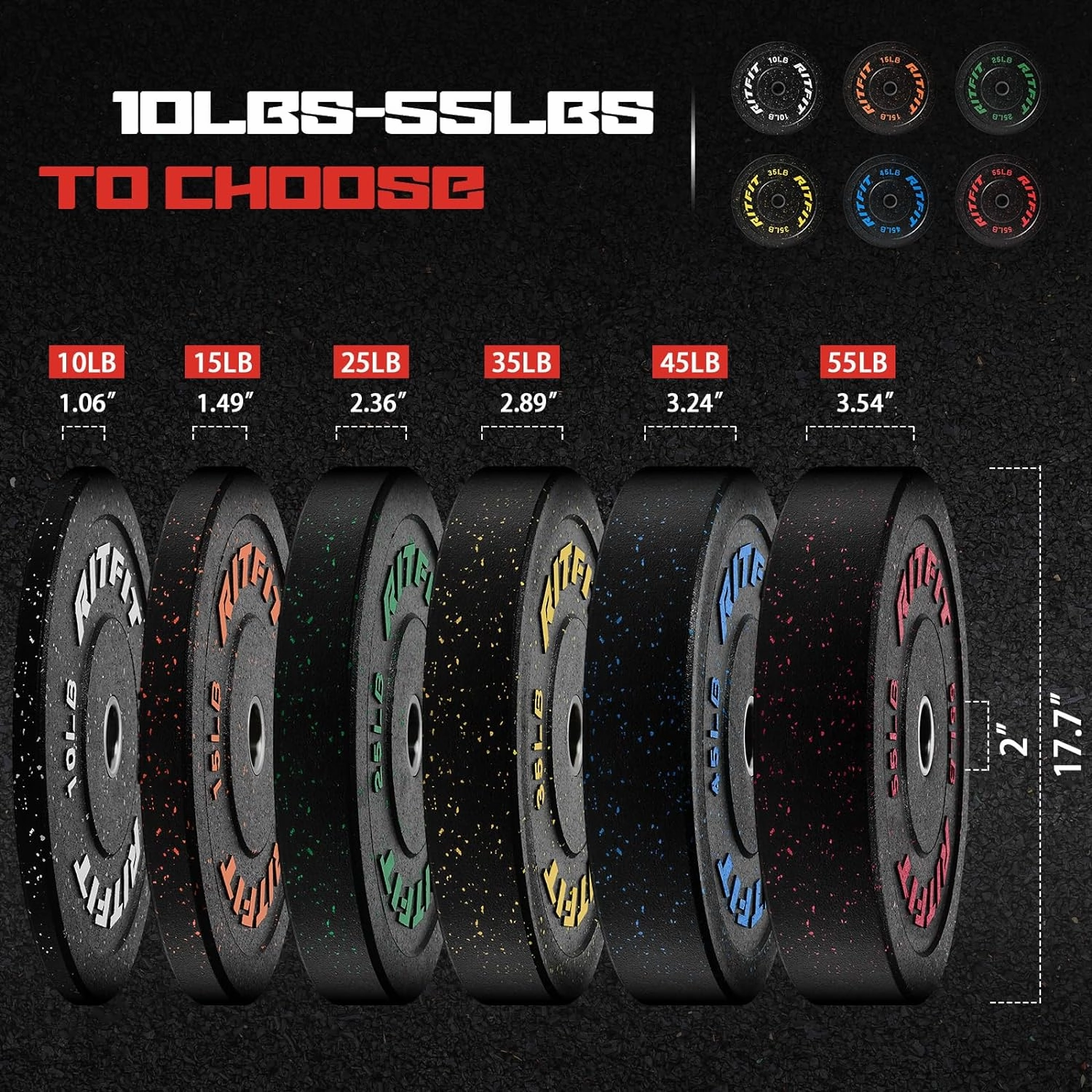 RitFit Bumper Plates, Colored Fleck-Rubber Weight Plates with Steel Insert, 2-inch Olympic Weight Plates for Weight Lifting and Strength Training (Single, Pair & Set)