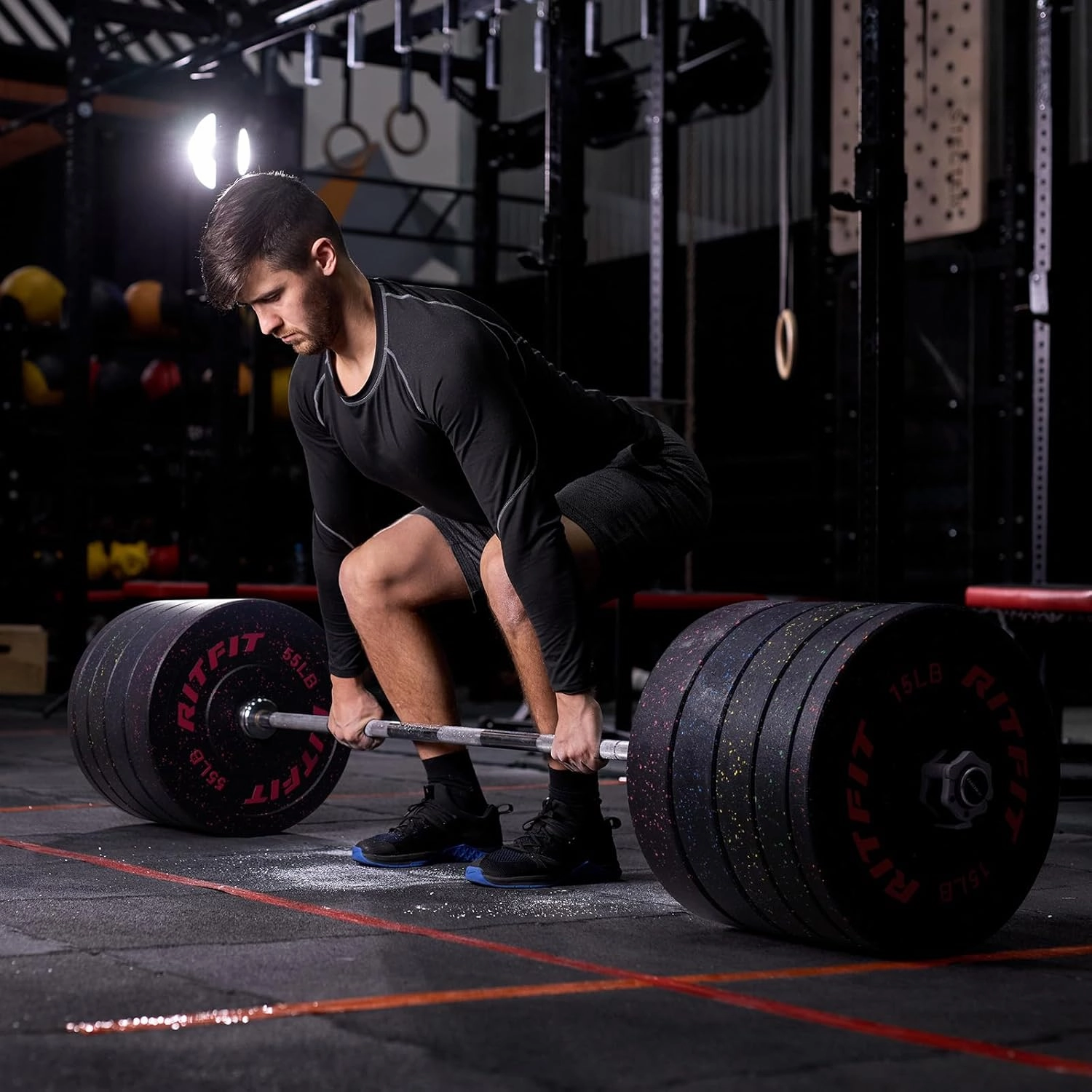 RitFit Bumper Plates, Colored Fleck-Rubber Weight Plates with Steel Insert, 2-inch Olympic Weight Plates for Weight Lifting and Strength Training (Single, Pair & Set)