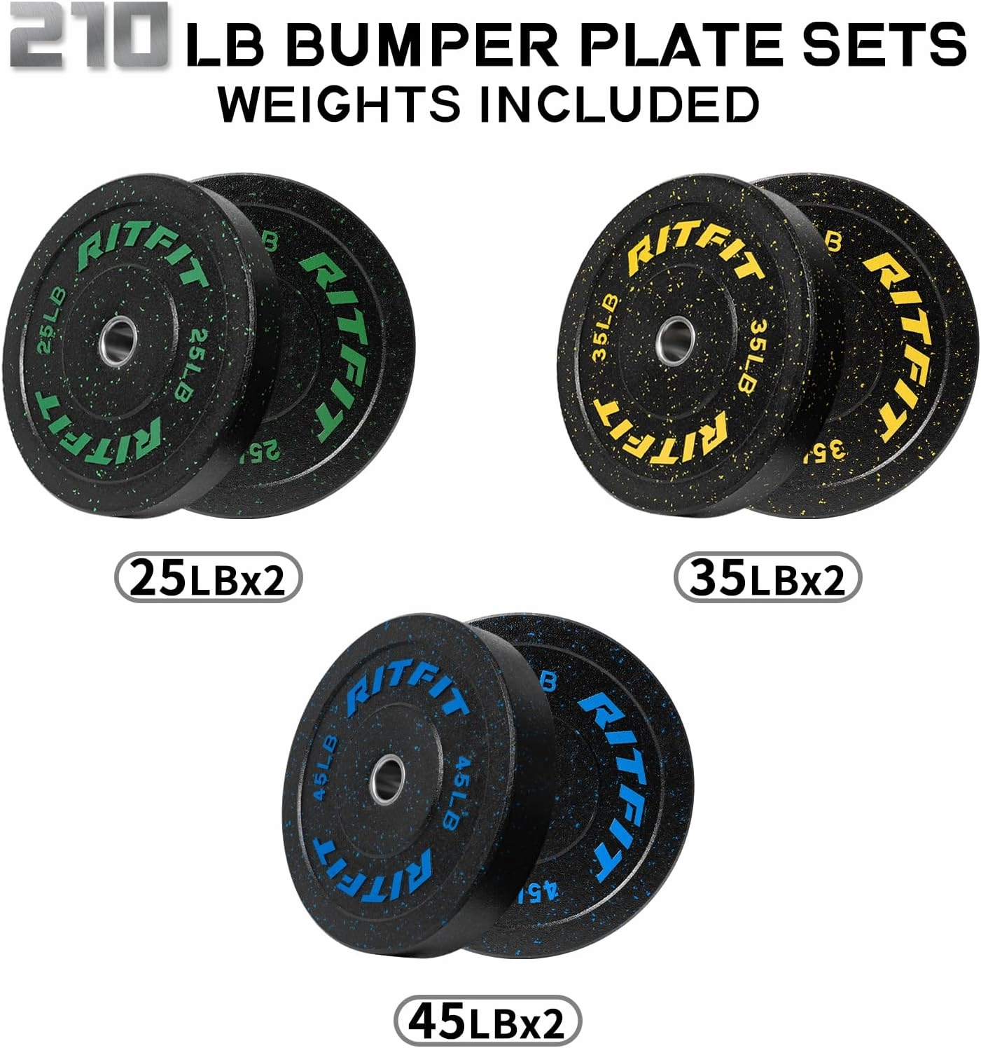 RitFit Bumper Plates, Colored Fleck-Rubber Weight Plates with Steel Insert, 2-inch Olympic Weight Plates for Weight Lifting and Strength Training (Single, Pair & Set)