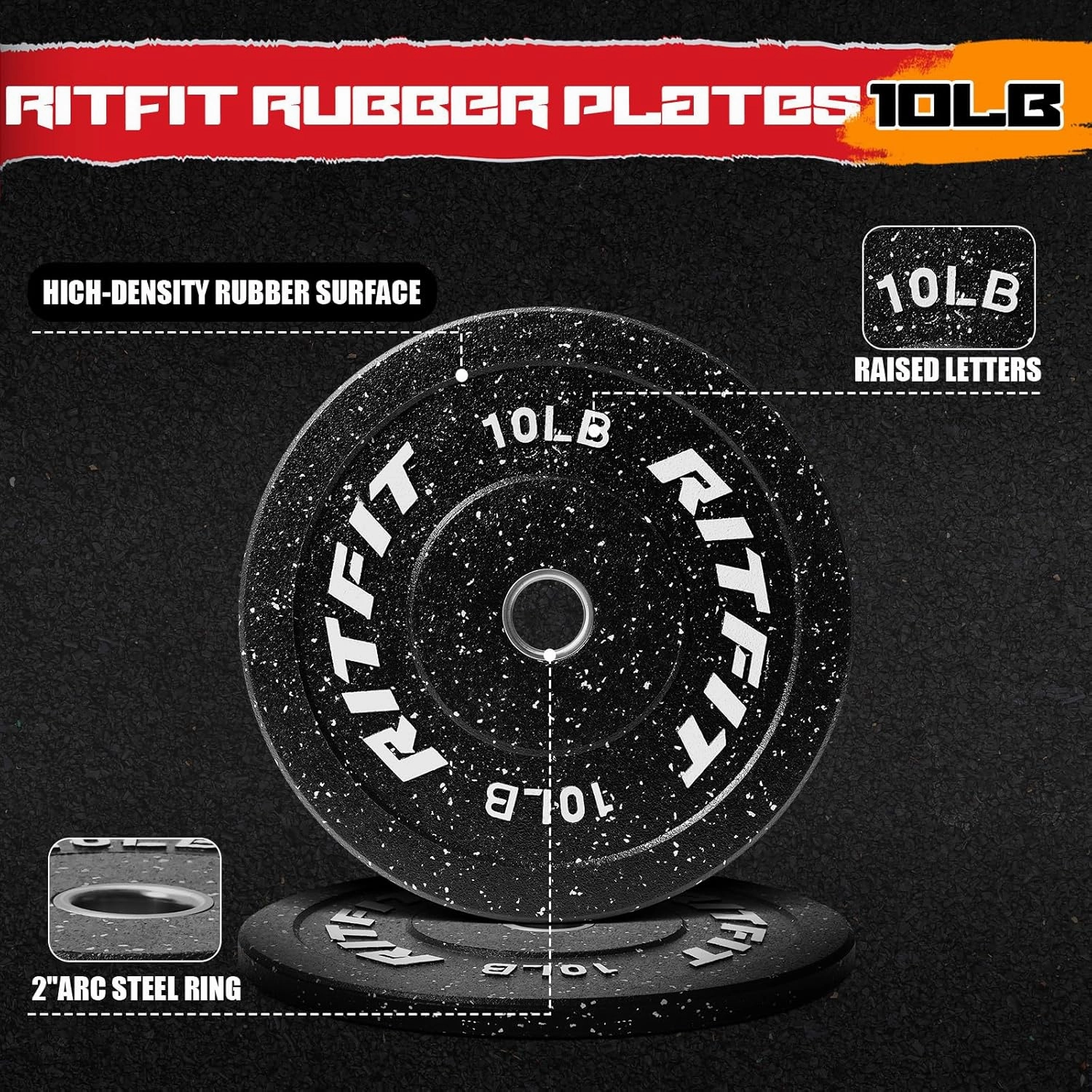 RitFit Bumper Plates, Colored Fleck-Rubber Weight Plates with Steel Insert, 2-inch Olympic Weight Plates for Weight Lifting and Strength Training (Single, Pair & Set)