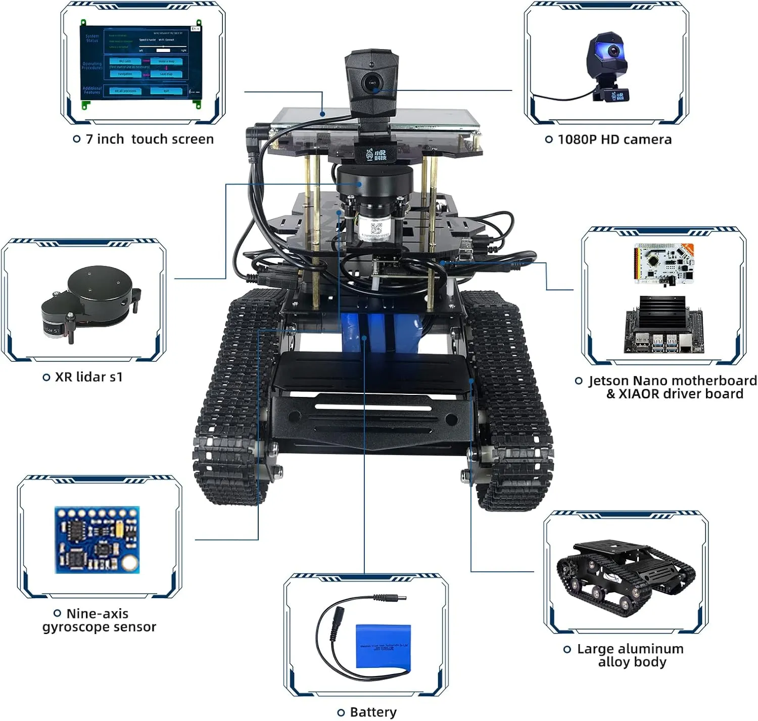 Robot Kit for Jetson Nano ROS Programming Tank Car with SLAM Lidar Mapping Navigation,Video Transmission,7in Touchscreen,Electronics Educational Toy for Adults Teenagers(Included Nano 4GB)