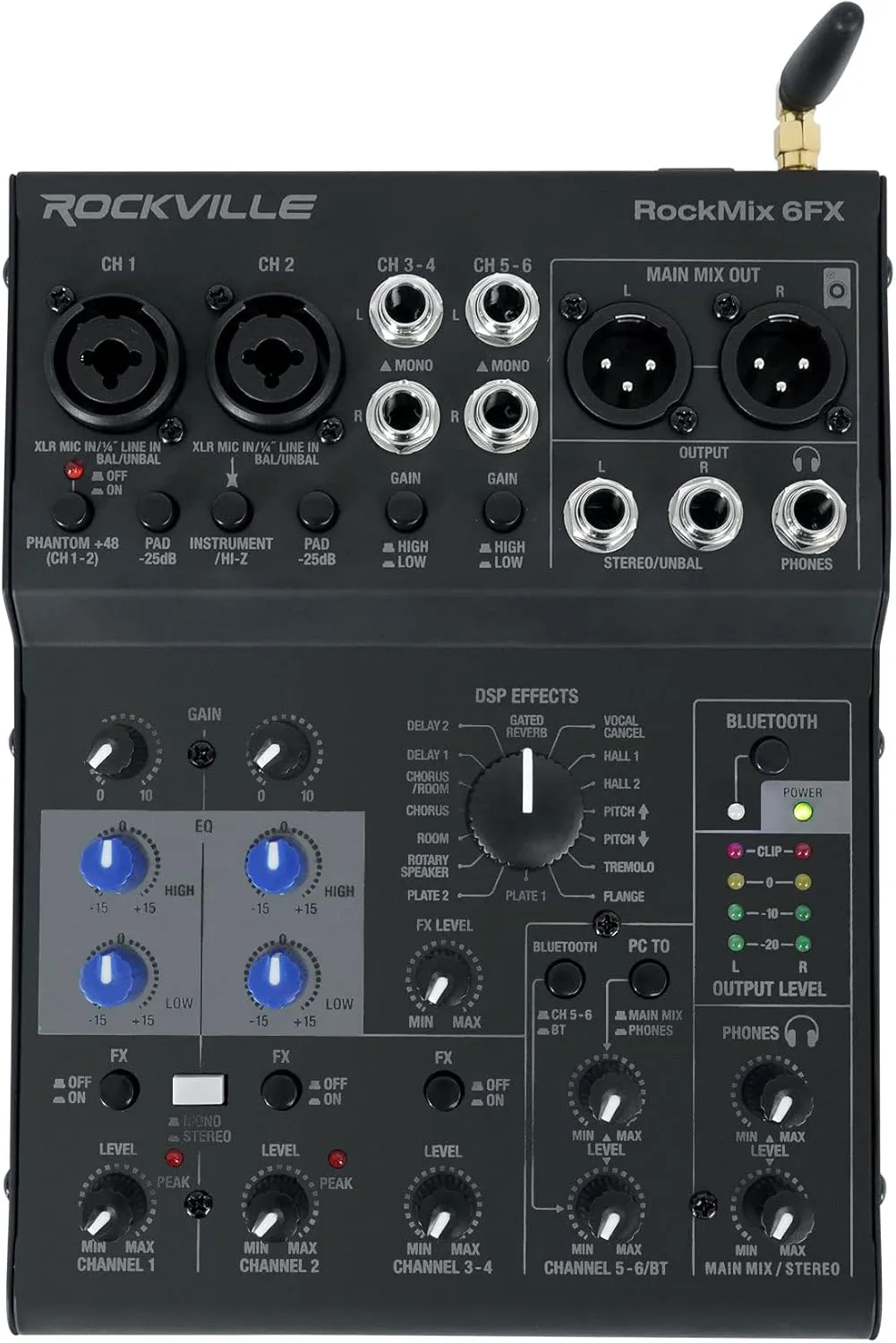 Rockville ROCKMIX 6FX 6 Channel Mixer USB Computer Recording Interface Effects