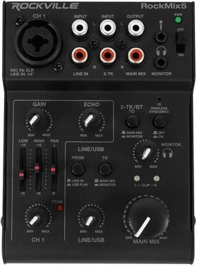 Rockville RockMix 5 Channel Pro Mixer w/USB Interface, Bluetooth, Echo, EQ