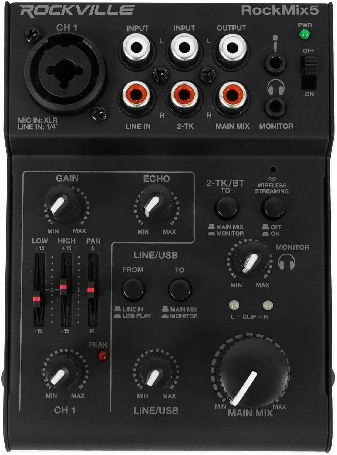 Rockville RockMix 5 Channel Pro Mixer w/USB Interface, Bluetooth, Echo, EQ