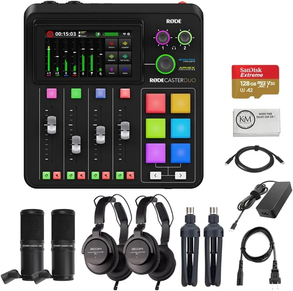Rode RODECaster Duo Integrated Audio Production Studio (Black) Bundled with 2 x Podcast Mic Packs   128GB Micro-SD Card   Cleaning Cloth (5 Items)