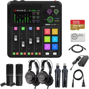 Rode RODECaster Duo Integrated Audio Production Studio (Black) Bundled with 2 x Podcast Mic Packs   128GB Micro-SD Card   Cleaning Cloth (5 Items)