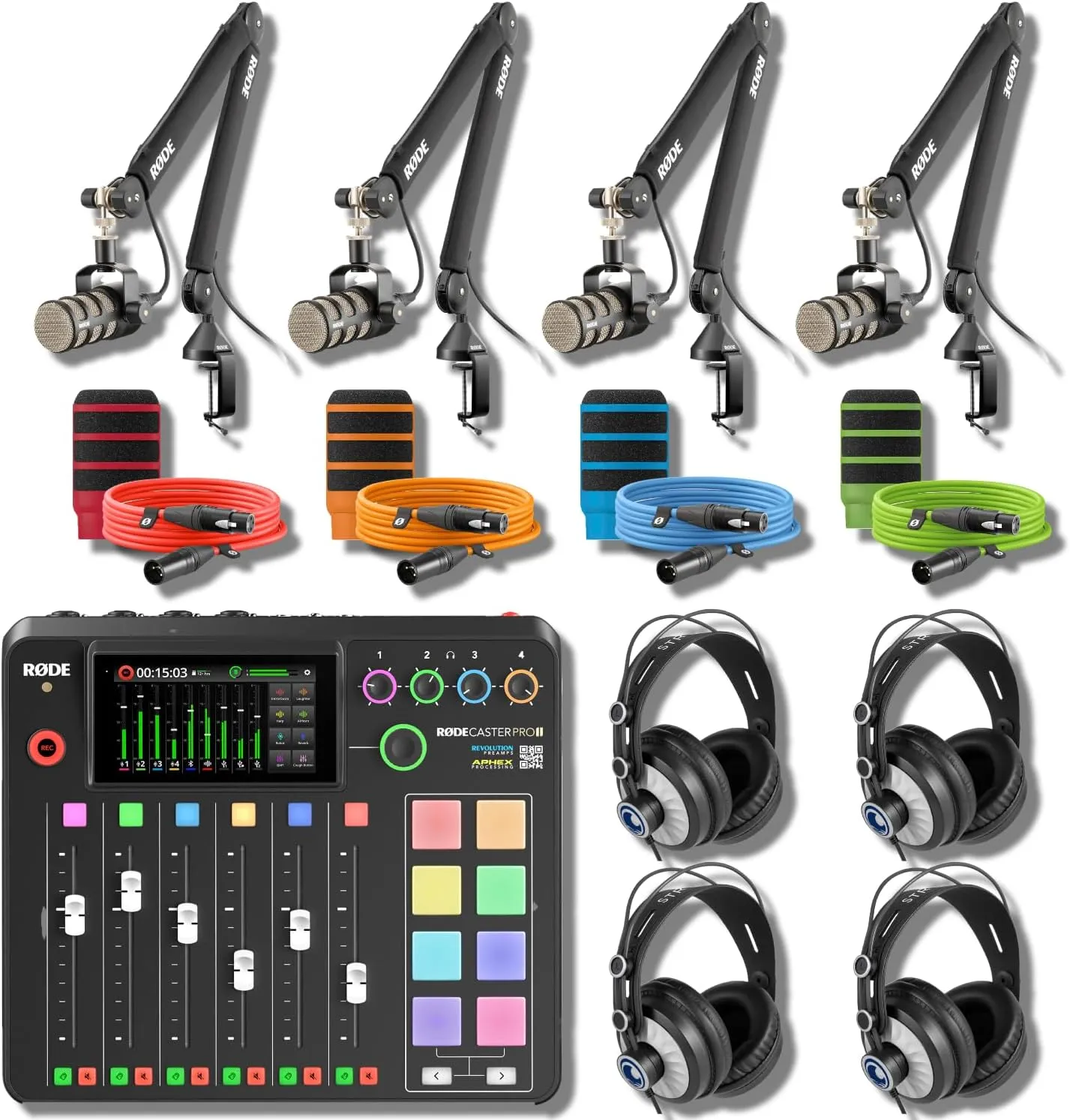 Rode RODECaster Pro 2 Complete Podcast Studio Kit with 4 PodMics, PSA1  Boom Arms, StreamEye Cans50 Headphones, and Color-Coded XLR Cables