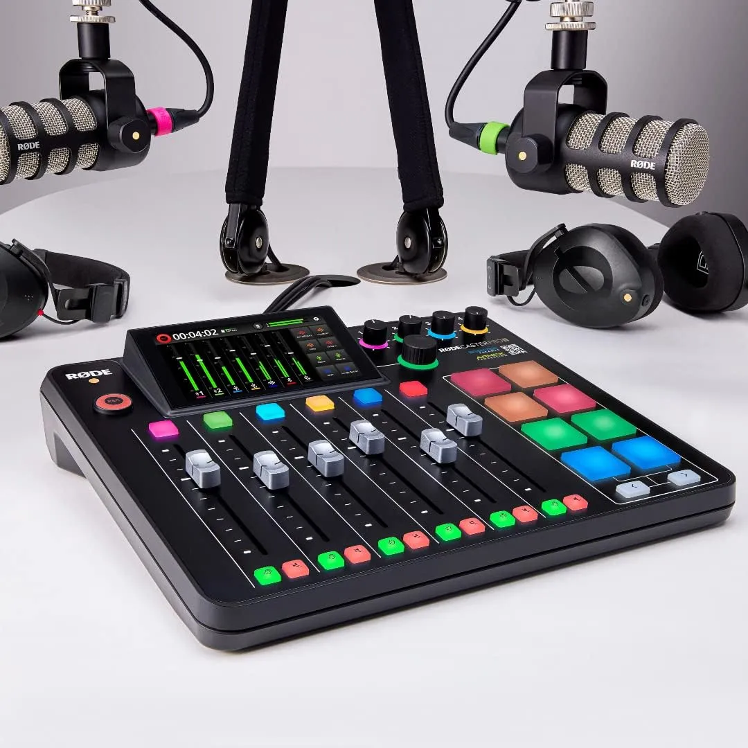Rode RODECaster Pro 2 Complete Podcast Studio Kit with 4 PodMics, PSA1  Boom Arms, StreamEye Cans50 Headphones, and Color-Coded XLR Cables