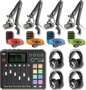 Rode RODECaster Pro 2 Complete Podcast Studio Kit with 4 PodMics, PSA1  Boom Arms, StreamEye Cans50 Headphones, and Color-Coded XLR Cables