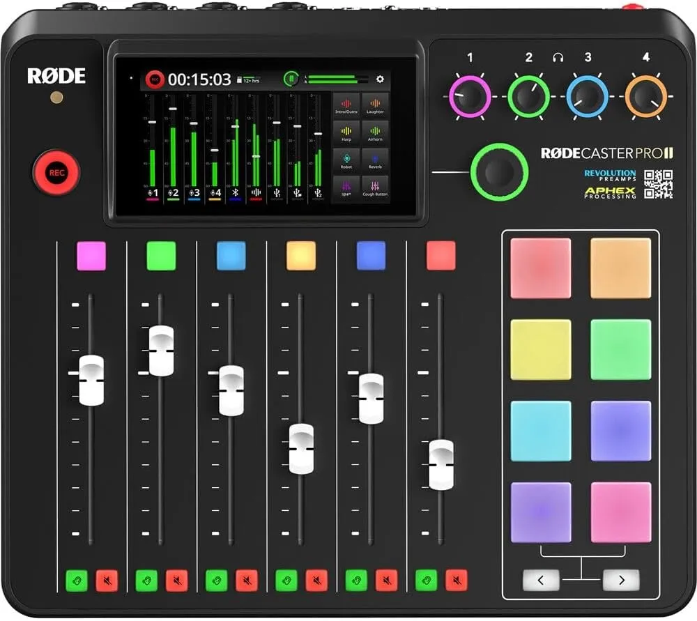 Rode RODECaster Pro II Integrated Audio Production Studio Bundled with 4 x Podcast Mic Packs   128GB Micro-SD Card   Cleaning Cloth (7 Items)