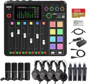 Rode RODECaster Pro II Integrated Audio Production Studio Bundled with 4 x Podcast Mic Packs   128GB Micro-SD Card   Cleaning Cloth (7 Items)