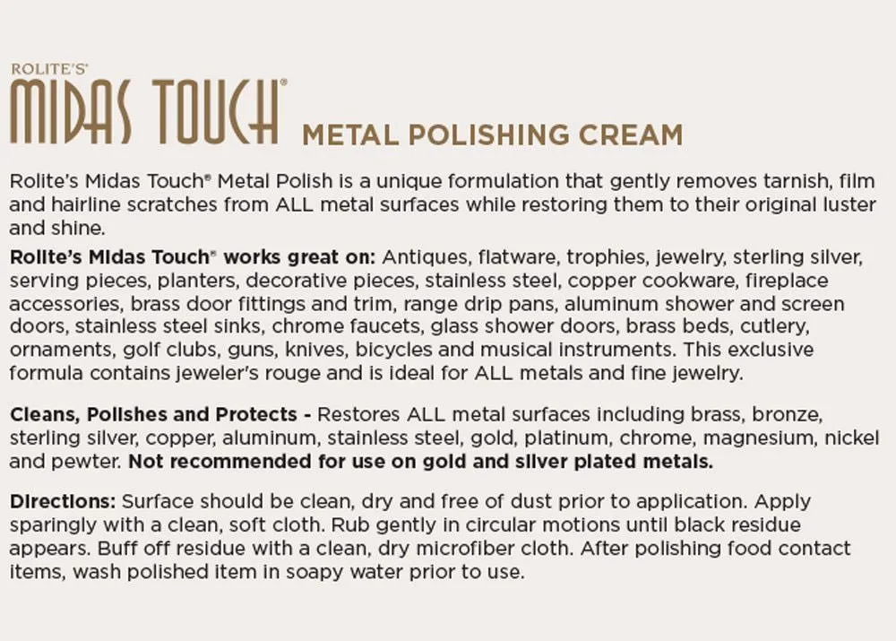 Rolite - MTMPC45z Midas Touch Metal Polishing Cream - Cleaner and Polishing Rouge for Sterling Silver, Gold, Brass, Chrome, Copper, and Other Metals, Non-Toxic Formula, 4.5 Ounces, 1 Pack