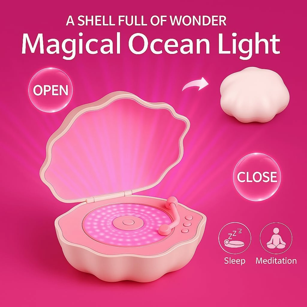 Romantic Shell-Shaped Ocean Wave Projector & Vinyl Bluetooth Speaker - Multi-Colorful LED Night Light, Mood Lamp, Lovely Gift for Girls & Kids, Ideal for Dreamy Bedrooms
