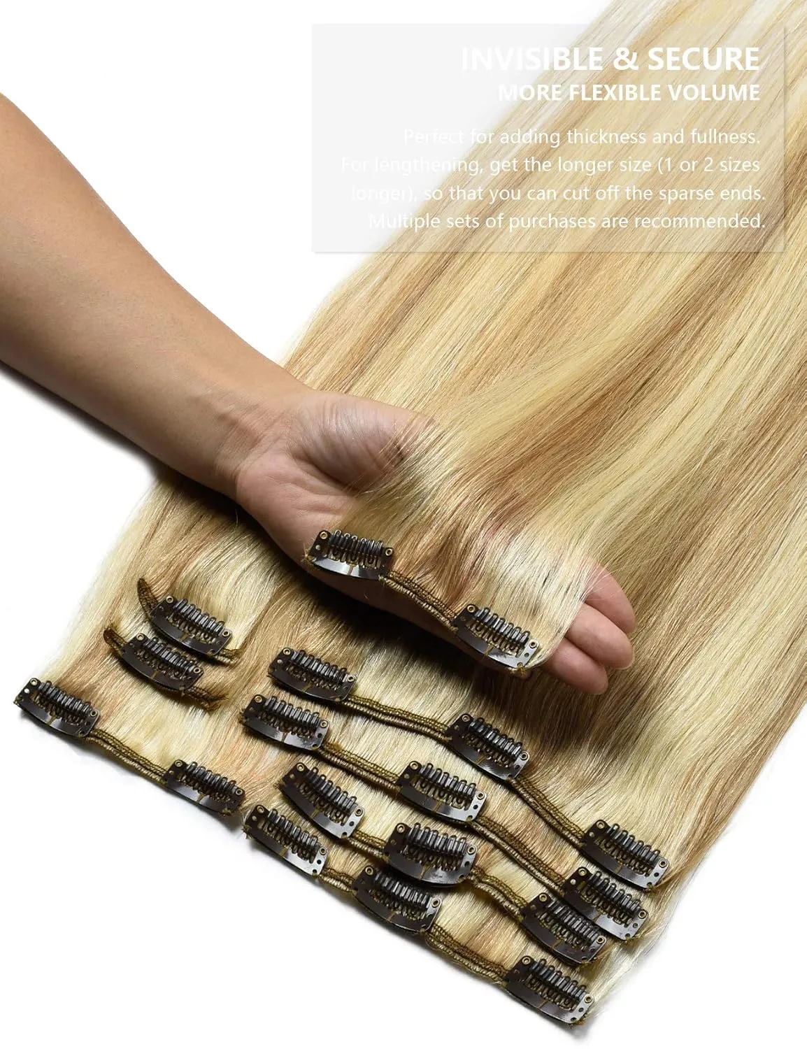 Rose bud Clip in Hair Extensions REMY Human Hair 8Pcs 18 Clips 60g/Set 12 Inch Ash Blonde mix Bleach Blonde