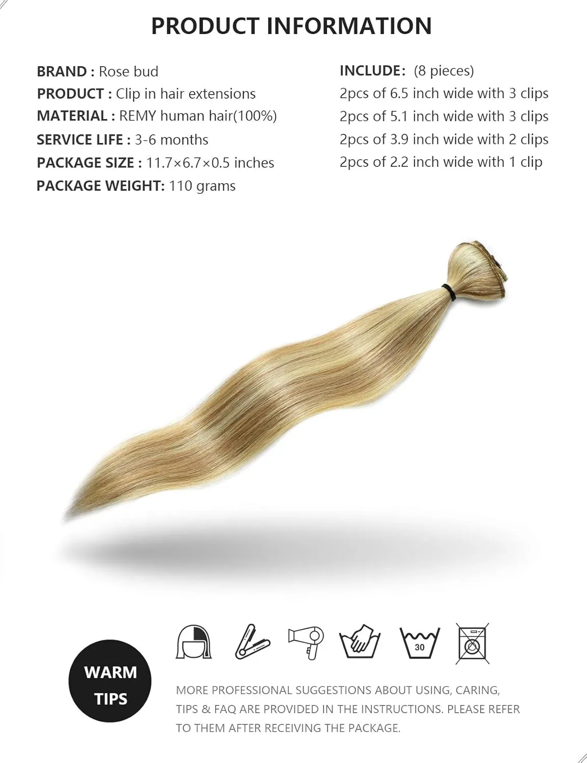 Rose bud Clip in Hair Extensions REMY Human Hair 8Pcs 18 Clips 60g/Set 12 Inch Ash Blonde mix Bleach Blonde