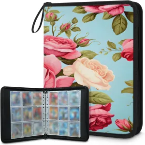 Rose Flower 3 Ring Trading Zipper Binder Strap, Trading Card Binder 4 Pocket, 400 Pockets Card Holder with 50 Removable Sleeves for Game Cards