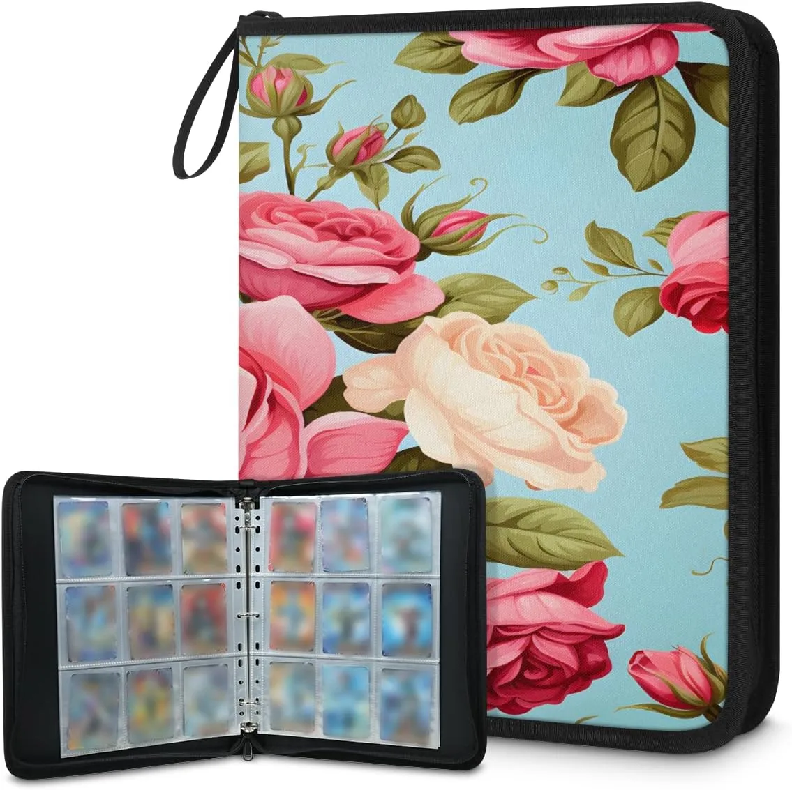 Rose Flower 3 Ring Trading Zipper Binder Strap, Trading Card Binder 4 Pocket, 400 Pockets Card Holder with 50 Removable Sleeves for Game Cards