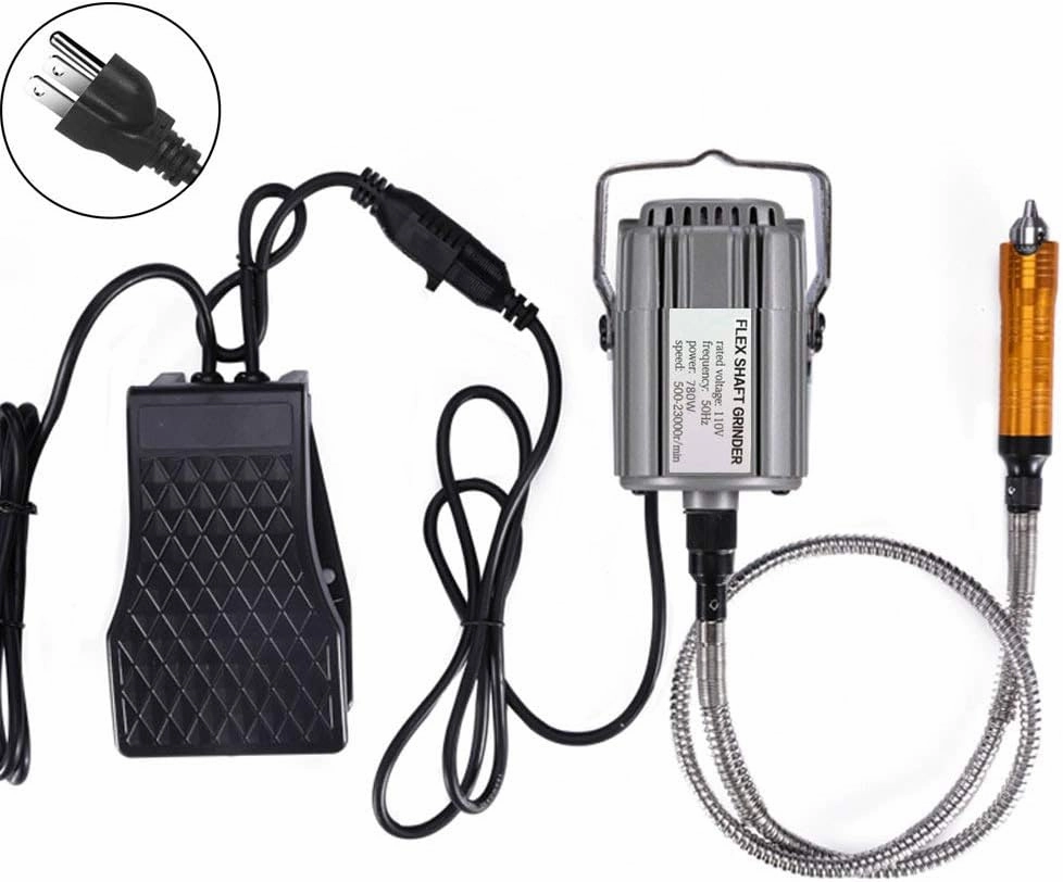 Rotary Tool Flex Shaft Hanging Grinder Carver Electric Multi-function Metalworking Tools Repair Kit, Foot Pedal Control, 780W Strong Power, Metal Flexible Shaft, 23000 RPM