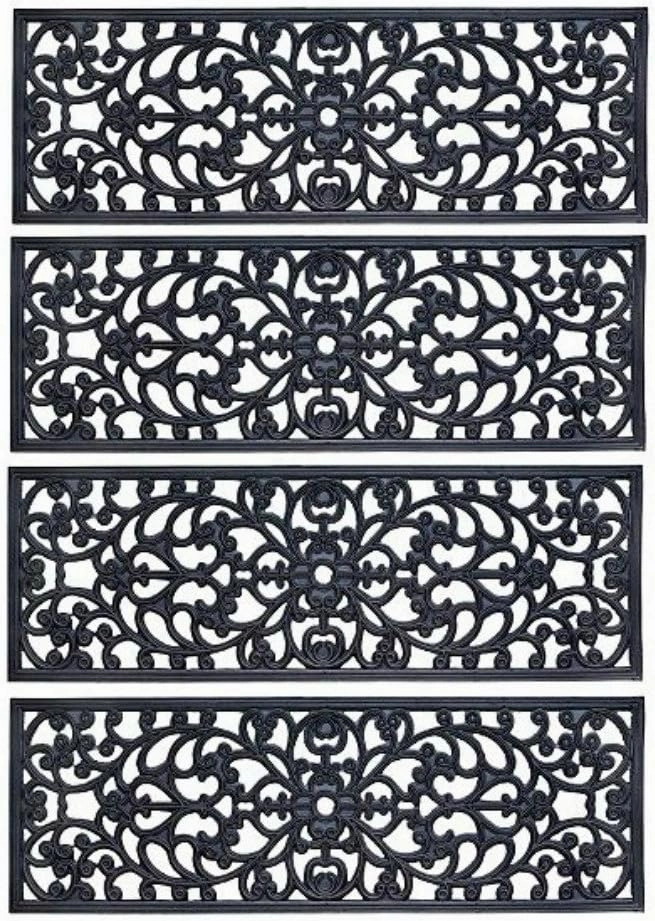 Rubber Stair Treads - Set of 4 30" Outdoor Black Scrollwork Rubber Non-Slip Stair Treads Mat