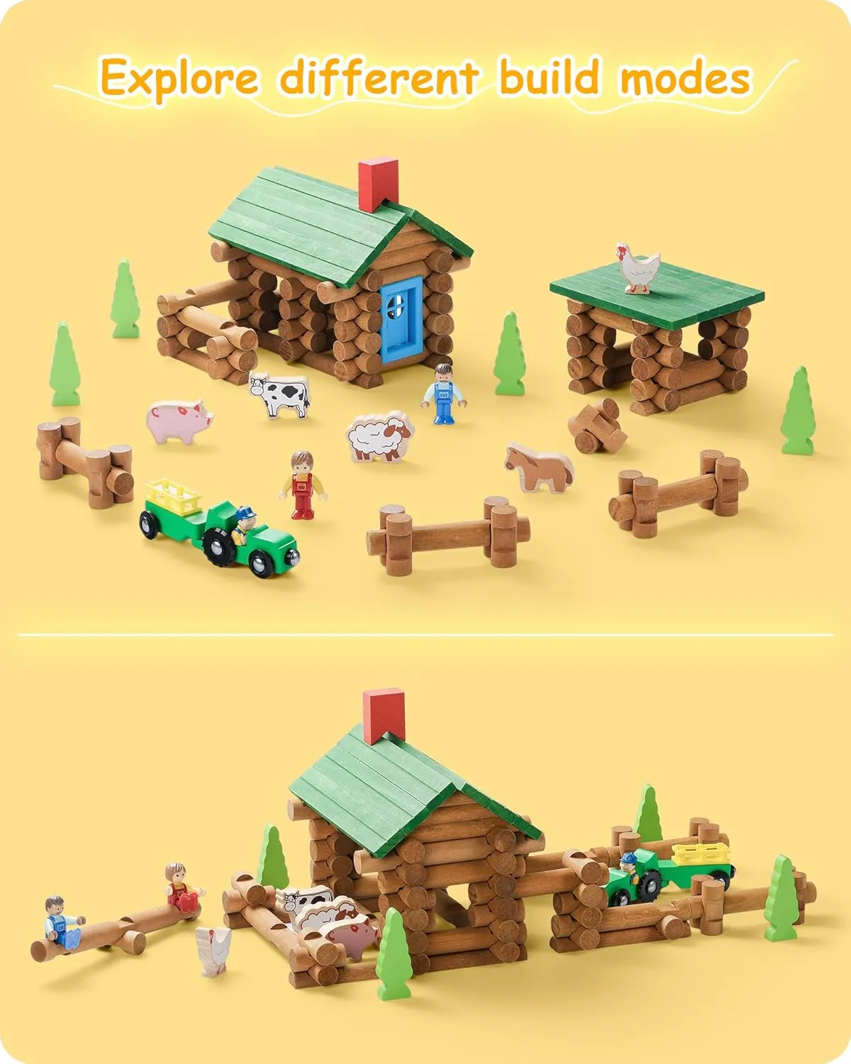 SainSmart Jr. Wooden Log Cabin Set Farm Building House Toy for Toddlers, 122 PCS Classic STEM Construction Kit with Colorful Wood Logs Blocks for 3  Years Old