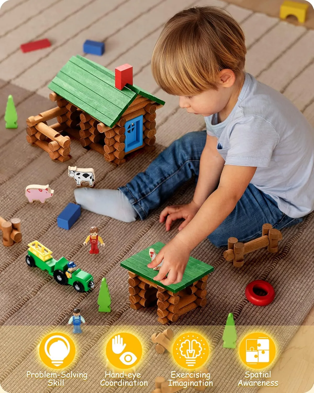 SainSmart Jr. Wooden Log Cabin Set Farm Building House Toy for Toddlers, 122 PCS Classic STEM Construction Kit with Colorful Wood Logs Blocks for 3  Years Old