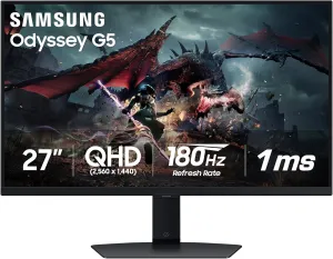 SAMSUNG 27-Inch Odyssey G50D Series QHD Fast IPS G-Sync Compatible Gaming Monitor, 1ms, VESA DisplayHDR 400, 180Hz, AMD FreeSync, Adjustable Stand, Eye Saver Mode, LS27DG500ENXZA, 2024