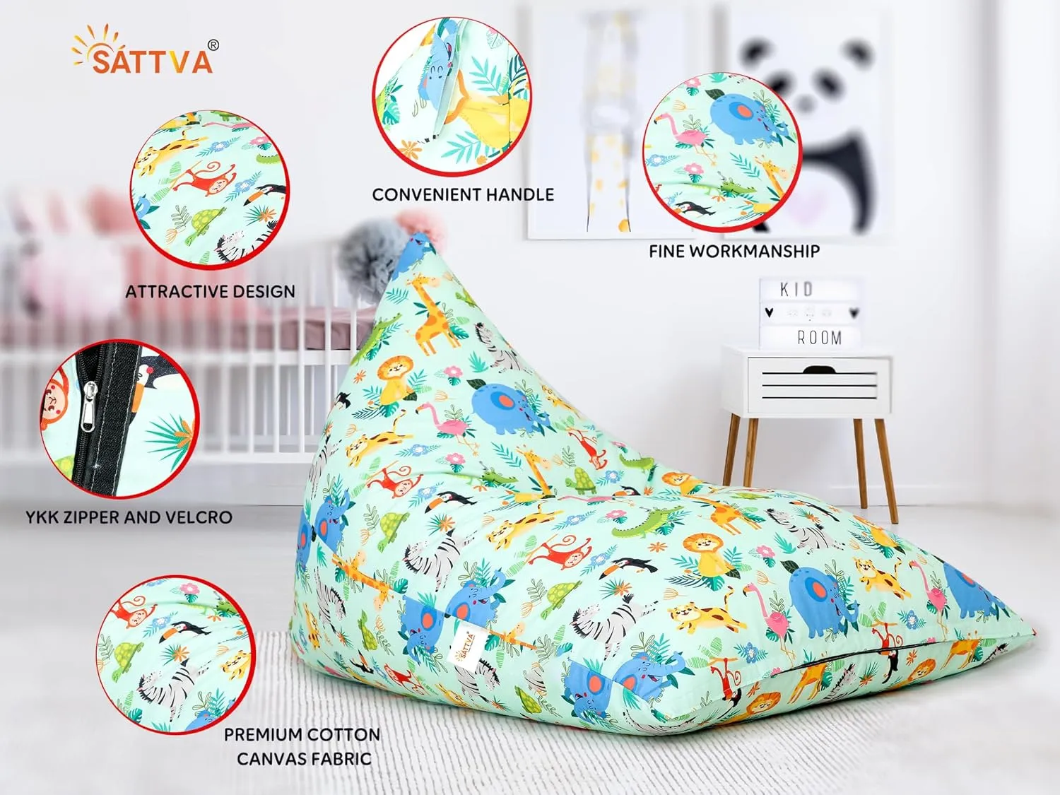 SATTVA Kids Triangle Canvas Bean Bag Cover (No Filling) Organize Stuffed Animal Storage, Beans, Toys Ultra Soft Zipper Bean Bag Chairs for Teens & Adults_Animal Print