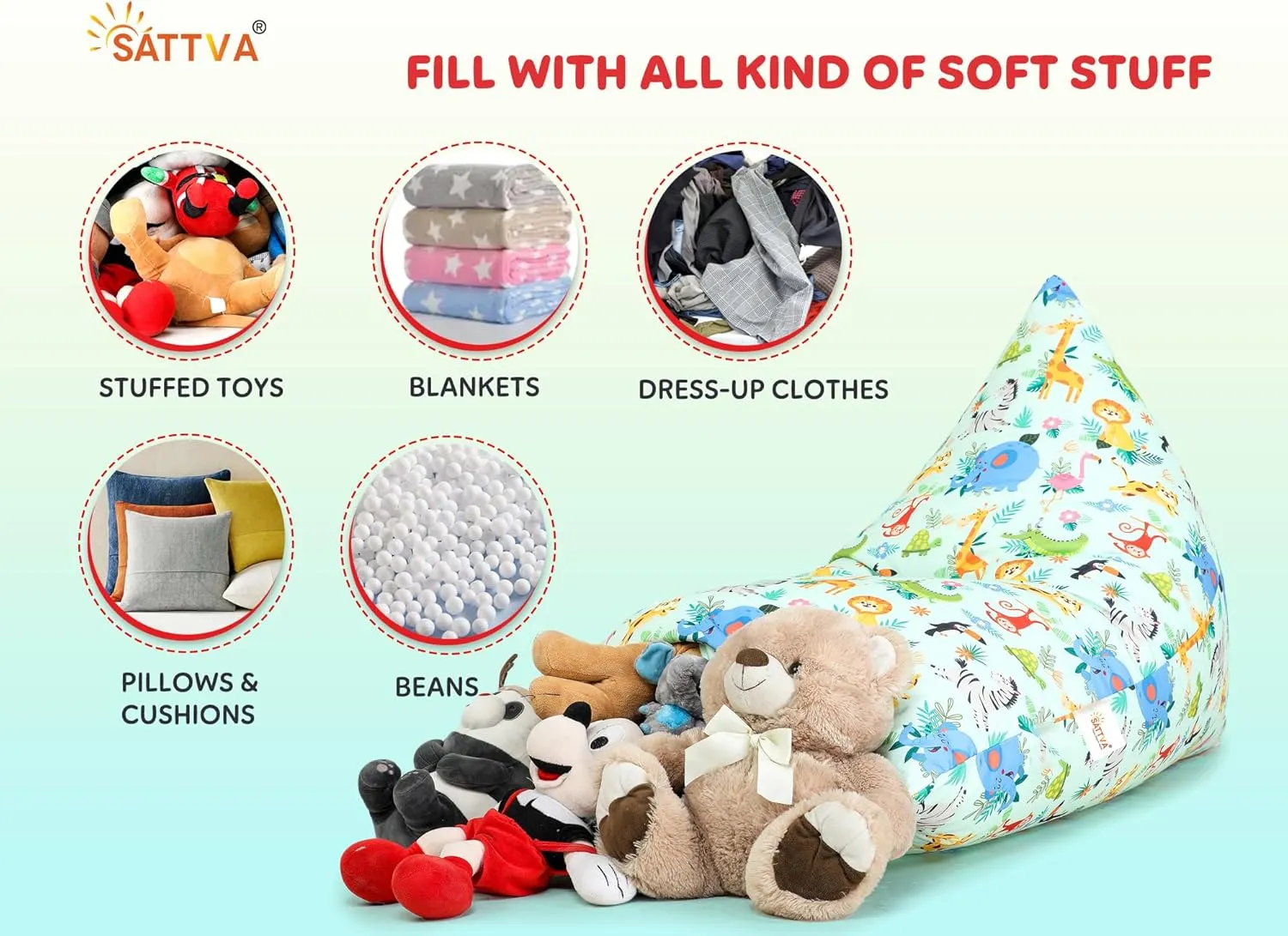 SATTVA Kids Triangle Canvas Bean Bag Cover (No Filling) Organize Stuffed Animal Storage, Beans, Toys Ultra Soft Zipper Bean Bag Chairs for Teens & Adults_Animal Print