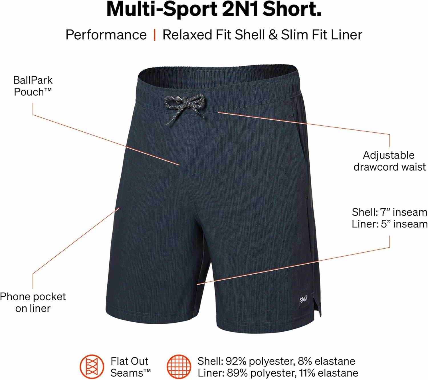 SAXX Underwear Co. Men's Multi-Sport 2N1 Short 7" with Pouch Support and Built-in Liner