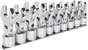 Sealey Siegen S01043 Flexible Crow's Foot Open End Spanner Set 10pc, Silver, 3/8" Sq Drive Metric