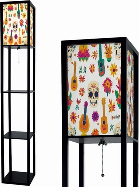 Seamless pattern for skulls guitars colorful mexican style endless Floor Lamps with Shelves, Modern Standing Lamp Narrow Corner Display Bookshelf Lamp for Living Room, Bedroom, Office Decor