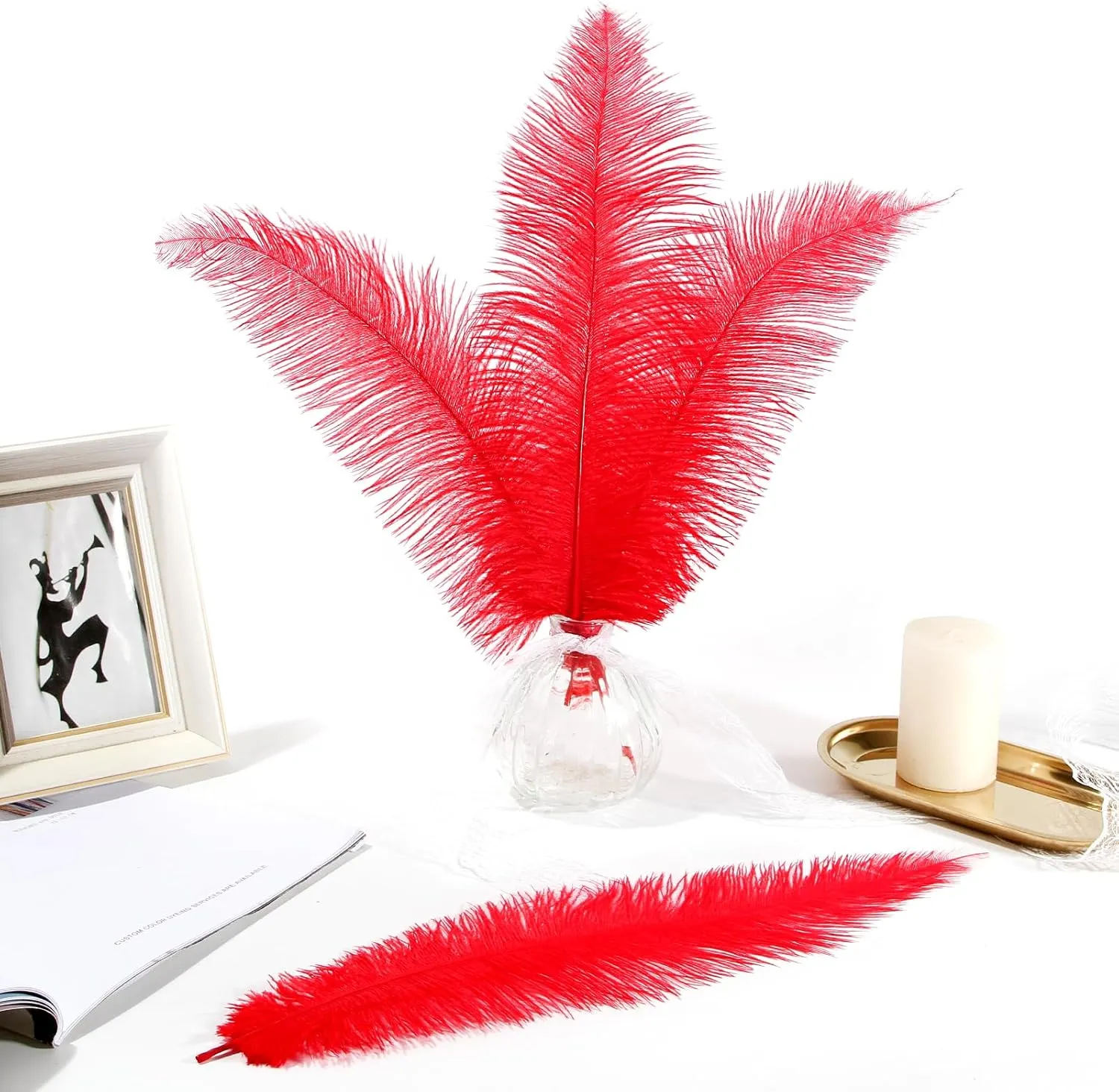 SendyFeather 50pcs Natural Red Ostrich Spads Feather 14-16inch (35-40cm) Bulk Feathers for Crafts Flowers Vase Wedding Party Centerpiece Decoration