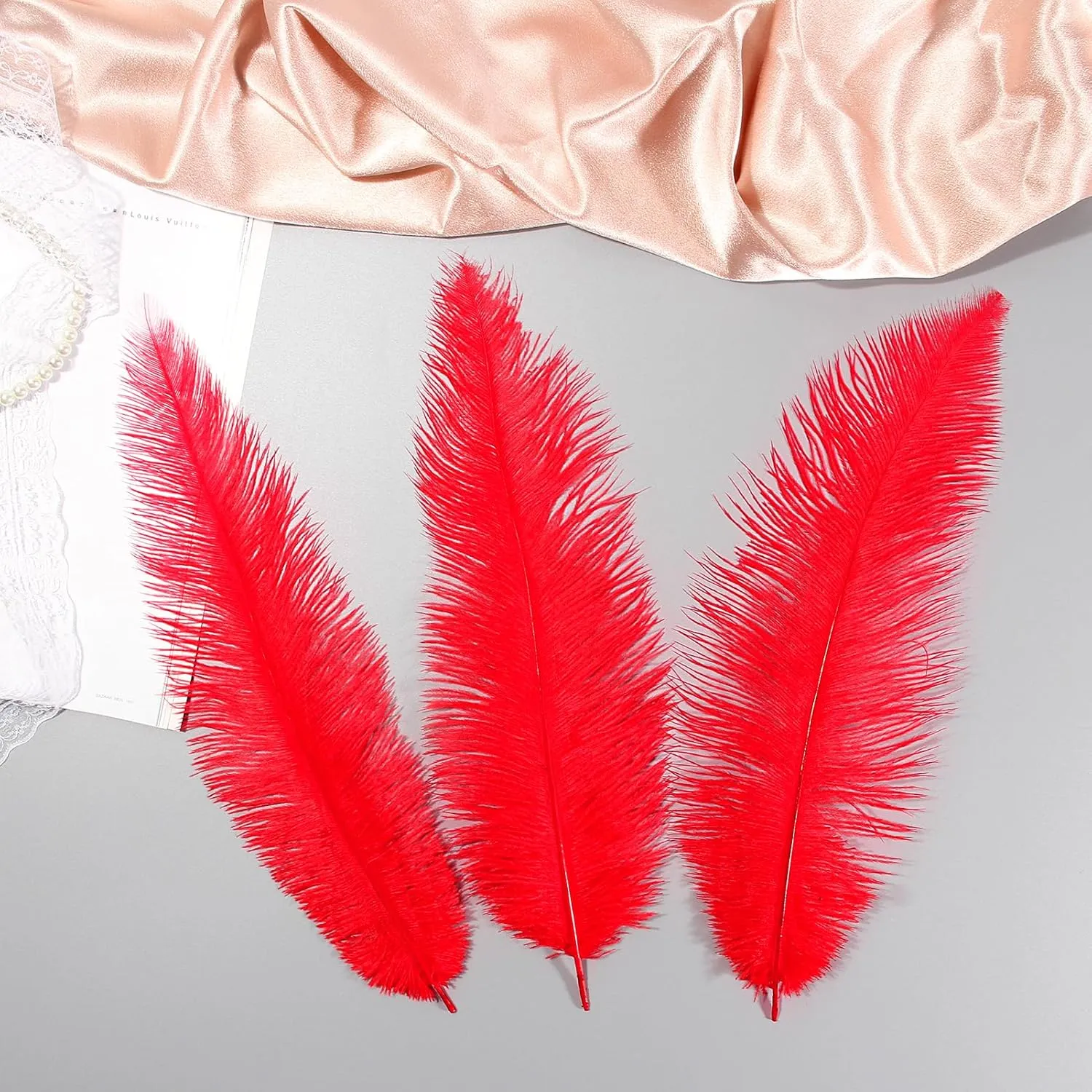 SendyFeather 50pcs Natural Red Ostrich Spads Feather 14-16inch (35-40cm) Bulk Feathers for Crafts Flowers Vase Wedding Party Centerpiece Decoration