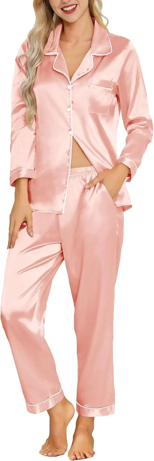 Senert Satin Pajamas Women's Long Sleeve Sleepwear Soft Button Down Loungewear Silk Pjs Set with Pockets