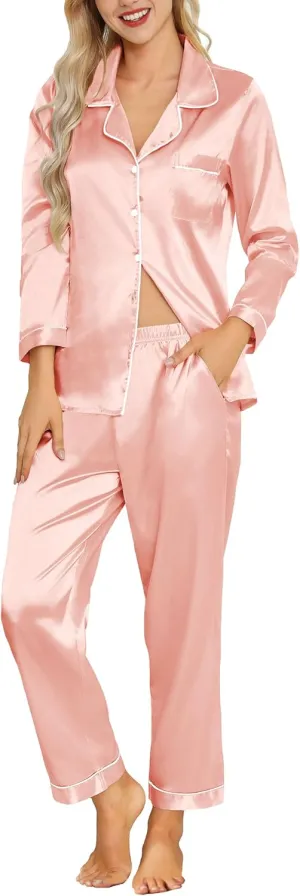 Senert Satin Pajamas Women's Long Sleeve Sleepwear Soft Button Down Loungewear Silk Pjs Set with Pockets