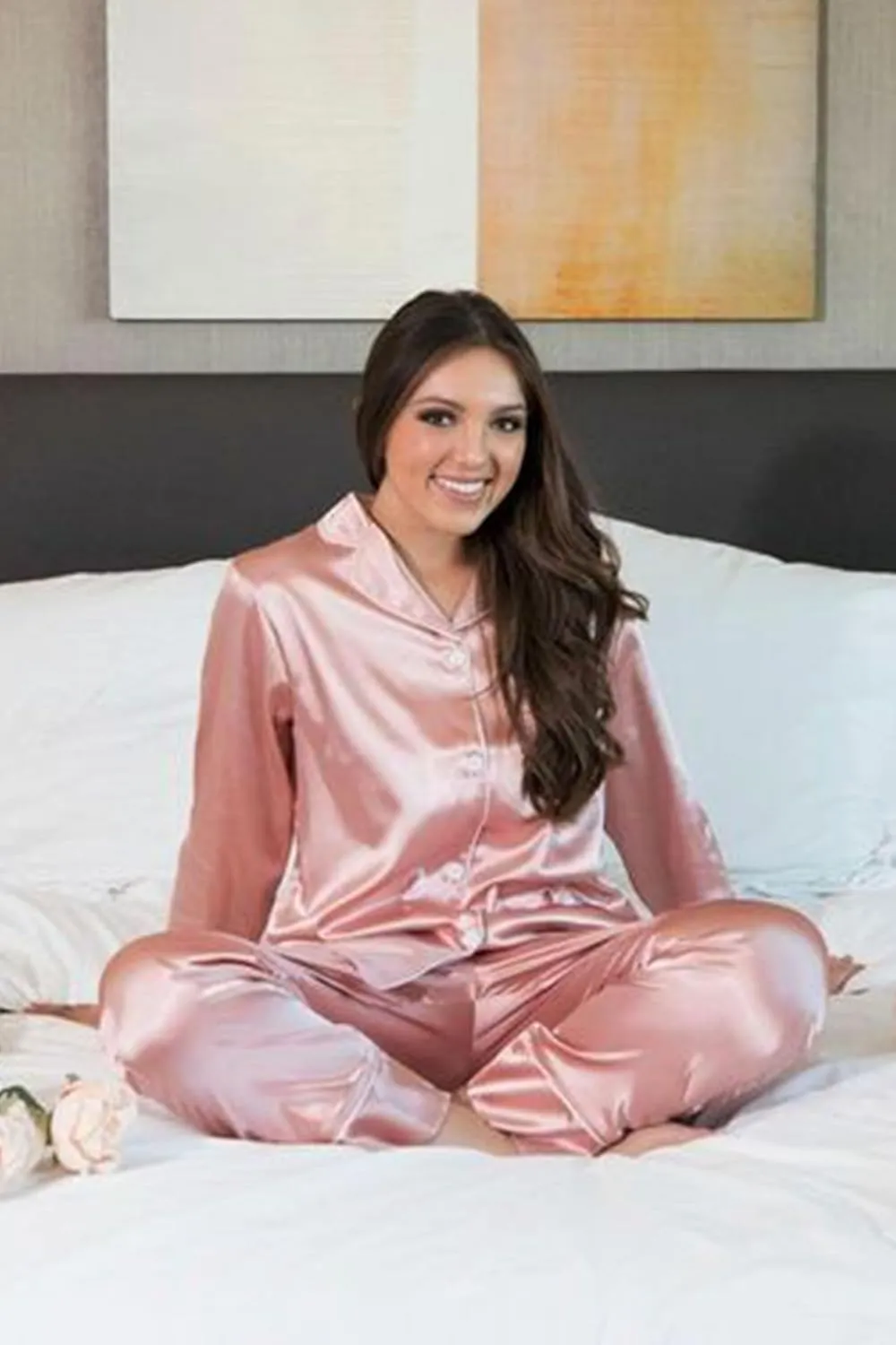 Senert Satin Pajamas Women's Long Sleeve Sleepwear Soft Button Down Loungewear Silk Pjs Set with Pockets