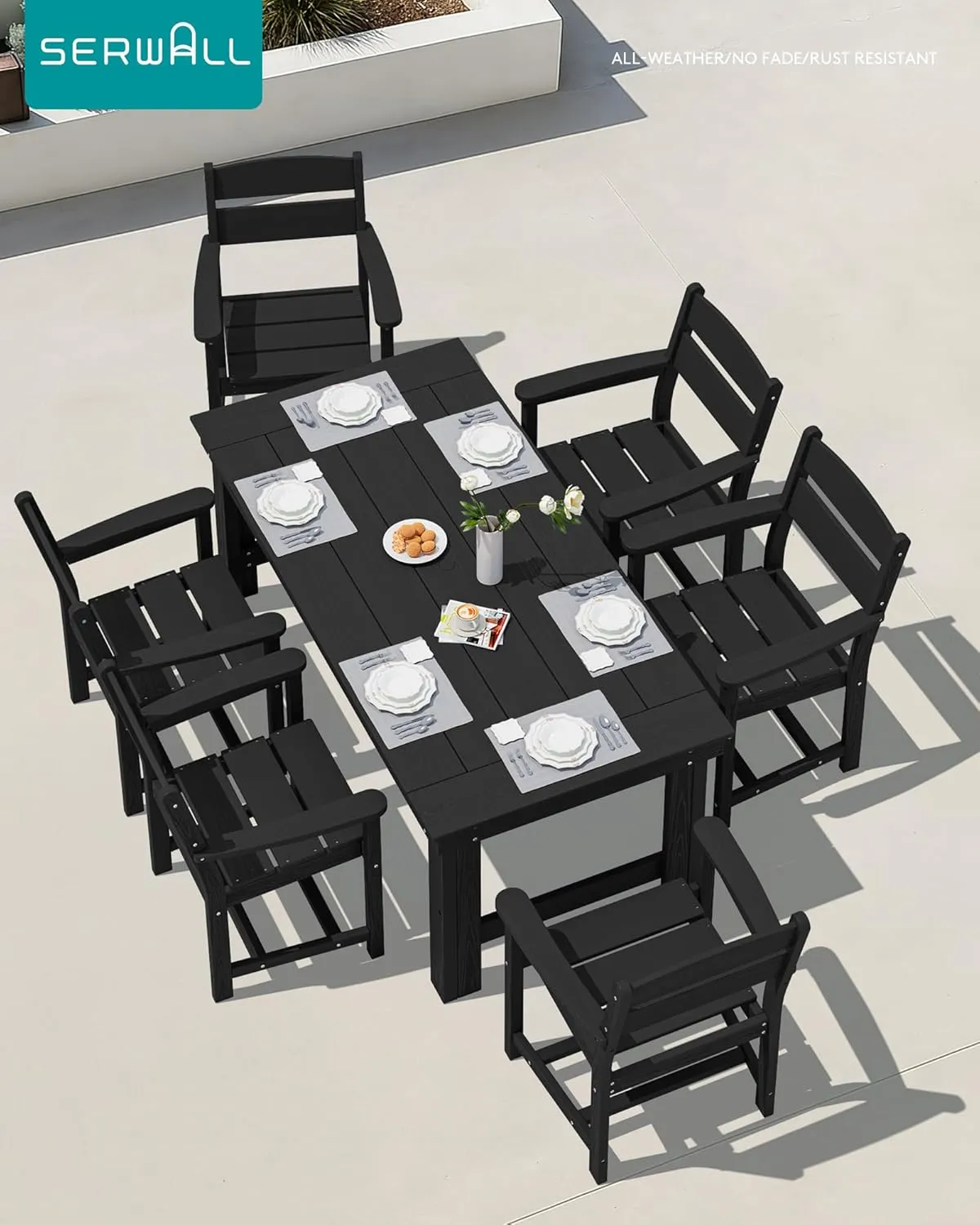 SERWALL Outdoor Dining Table Set, 67‘’ HDPE Patio Dining Set for 6, All-Weather Outdoor Table and Chairs Set for Deck