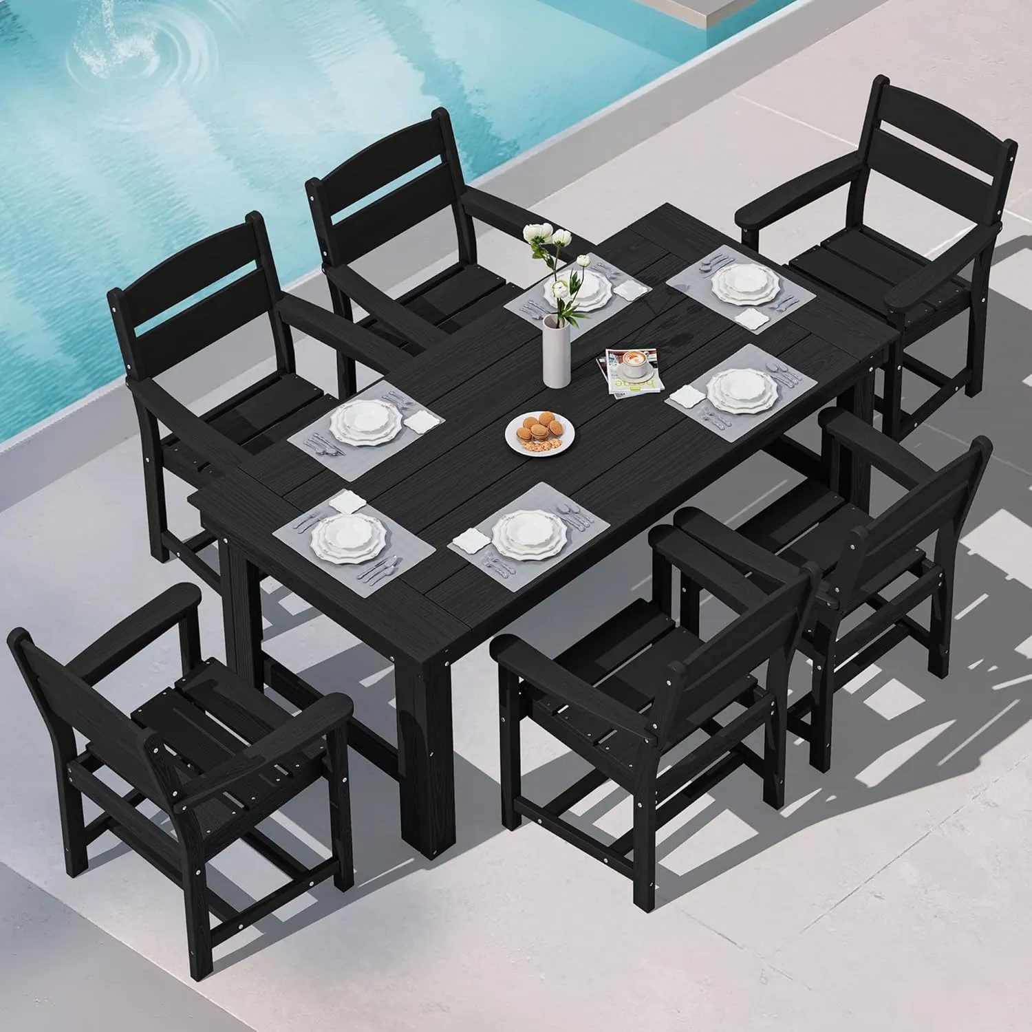 SERWALL Outdoor Dining Table Set, 67‘’ HDPE Patio Dining Set for 6, All-Weather Outdoor Table and Chairs Set for Deck