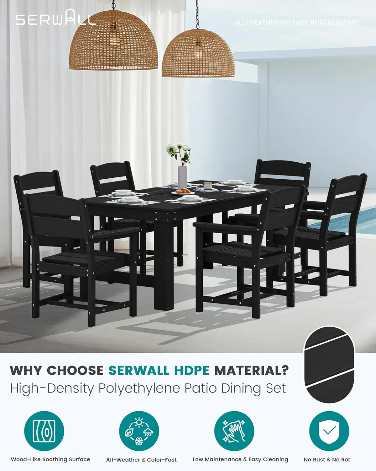 SERWALL Outdoor Dining Table Set, 67‘’ HDPE Patio Dining Set for 6, All-Weather Outdoor Table and Chairs Set for Deck