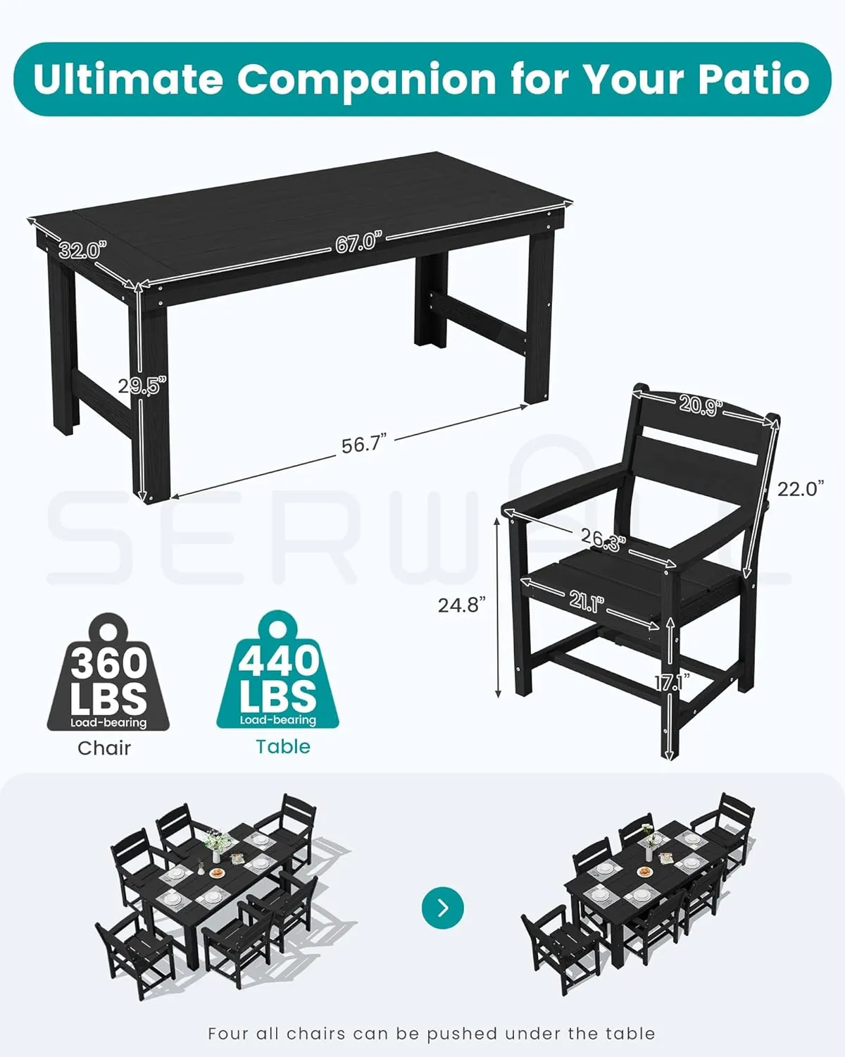 SERWALL Outdoor Dining Table Set, 67‘’ HDPE Patio Dining Set for 6, All-Weather Outdoor Table and Chairs Set for Deck