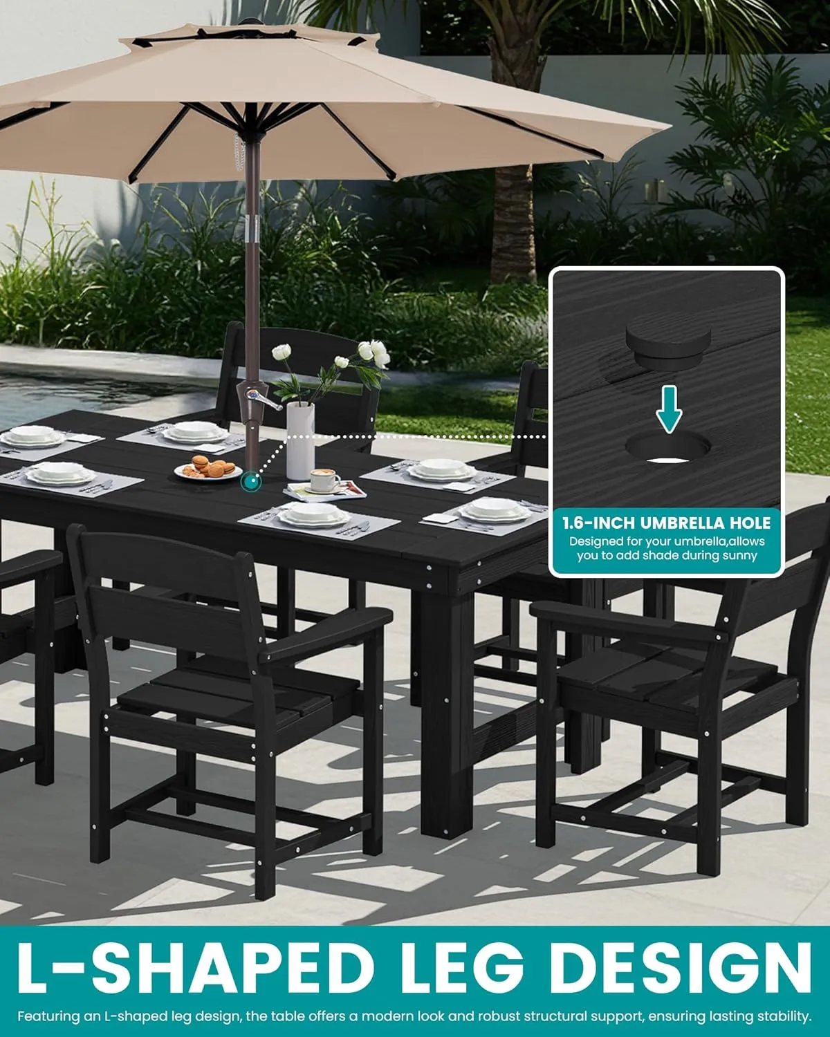 SERWALL Outdoor Dining Table Set, 67‘’ HDPE Patio Dining Set for 6, All-Weather Outdoor Table and Chairs Set for Deck