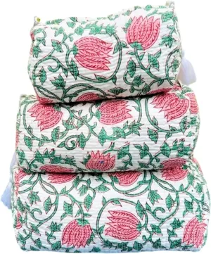 Set of 3 Pieces Block Print Designer Toiletry Bag & Makeup Case - Boho Floral Quilted Pouch for Cosmetics, Skincare - Waterproof Lined Organizer for Diaper Bag, Purse, Travel, Gift, Pencils