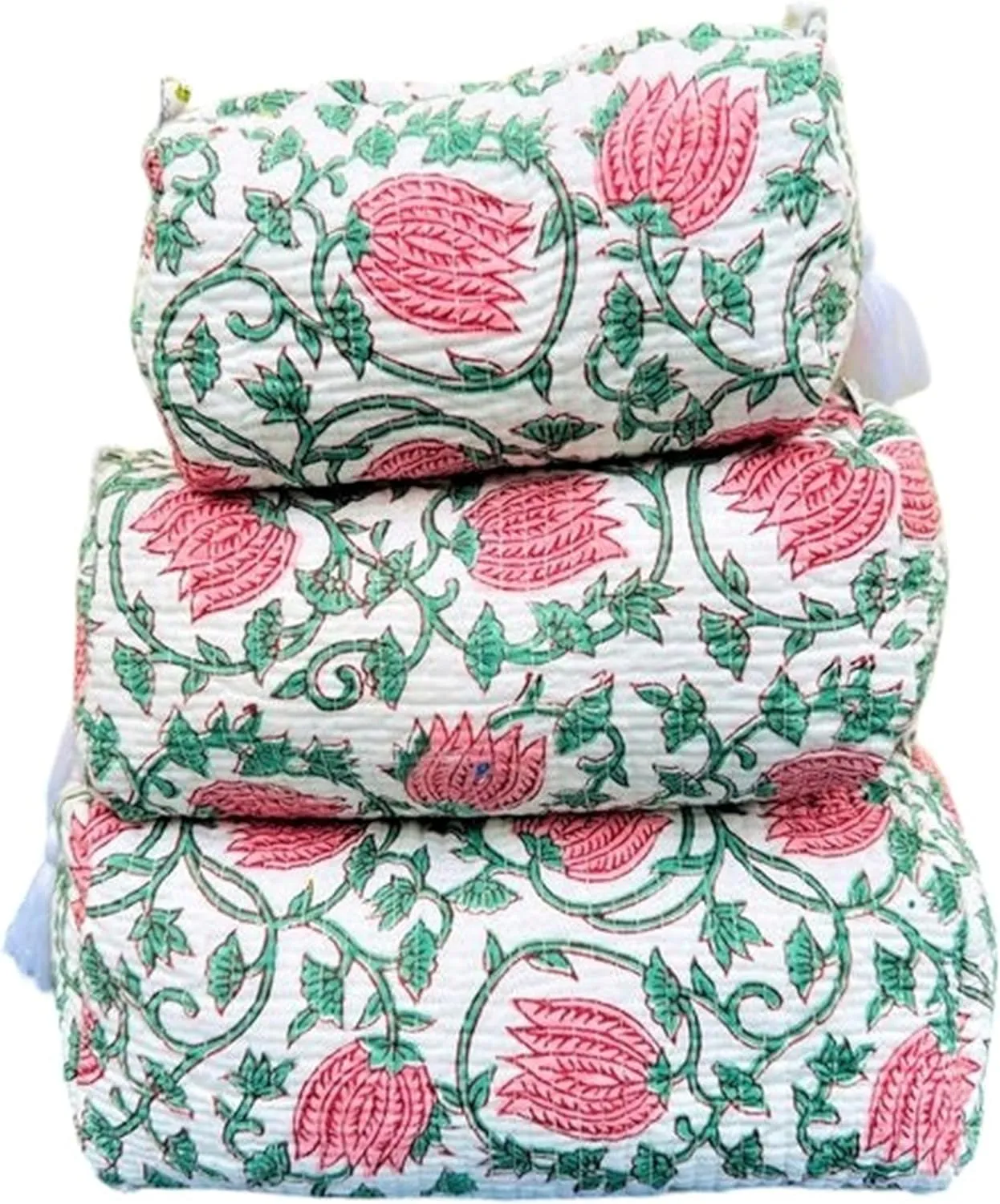 Set of 3 Pieces Block Print Designer Toiletry Bag & Makeup Case - Boho Floral Quilted Pouch for Cosmetics, Skincare - Waterproof Lined Organizer for Diaper Bag, Purse, Travel, Gift, Pencils