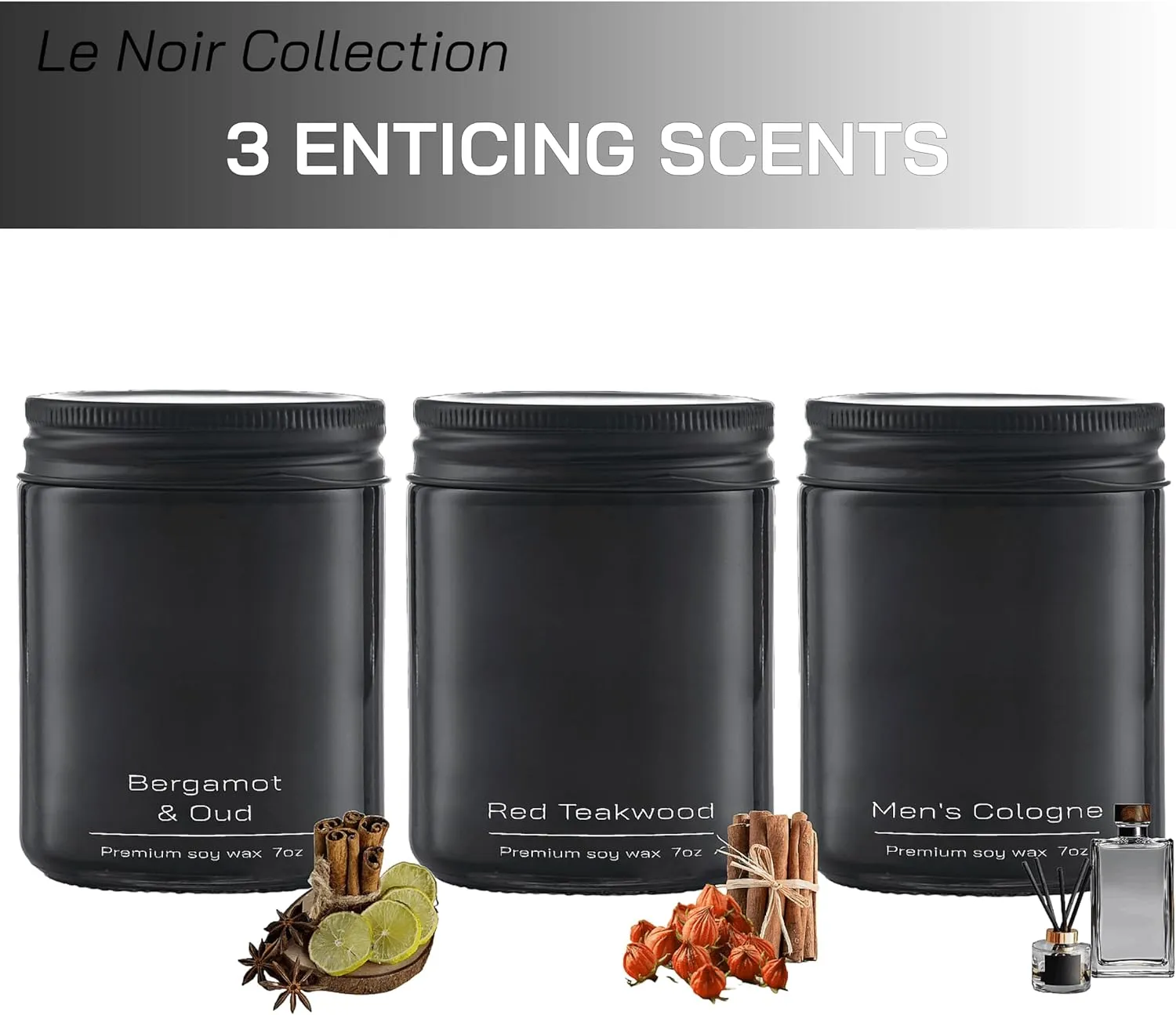 Set of 3 Scented Soy Candles Gift Set | Le Noir Collection | 3 Scented Candles - Men's Cologne, Red Teakwood, Bergamot & Oud | Crackling Wood Wick | Clean Burn | 40 HR Burn Time, 7oz Each