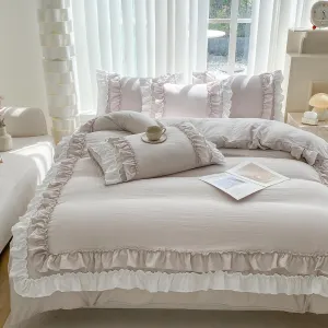 Shabby Chic 3 Pieces Bedding,Vintage Ruffled Full Duvet Cover Set with 2 Layers Ruffles,Soft Brushed Microfiber Set with Zipper Closure,Lightweight Duvet Cover Set-Cream Grey,Full