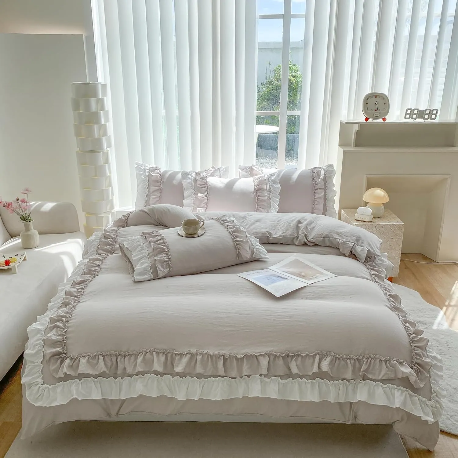 Shabby Chic 3 Pieces Bedding,Vintage Ruffled Full Duvet Cover Set with 2 Layers Ruffles,Soft Brushed Microfiber Set with Zipper Closure,Lightweight Duvet Cover Set-Cream Grey,Full