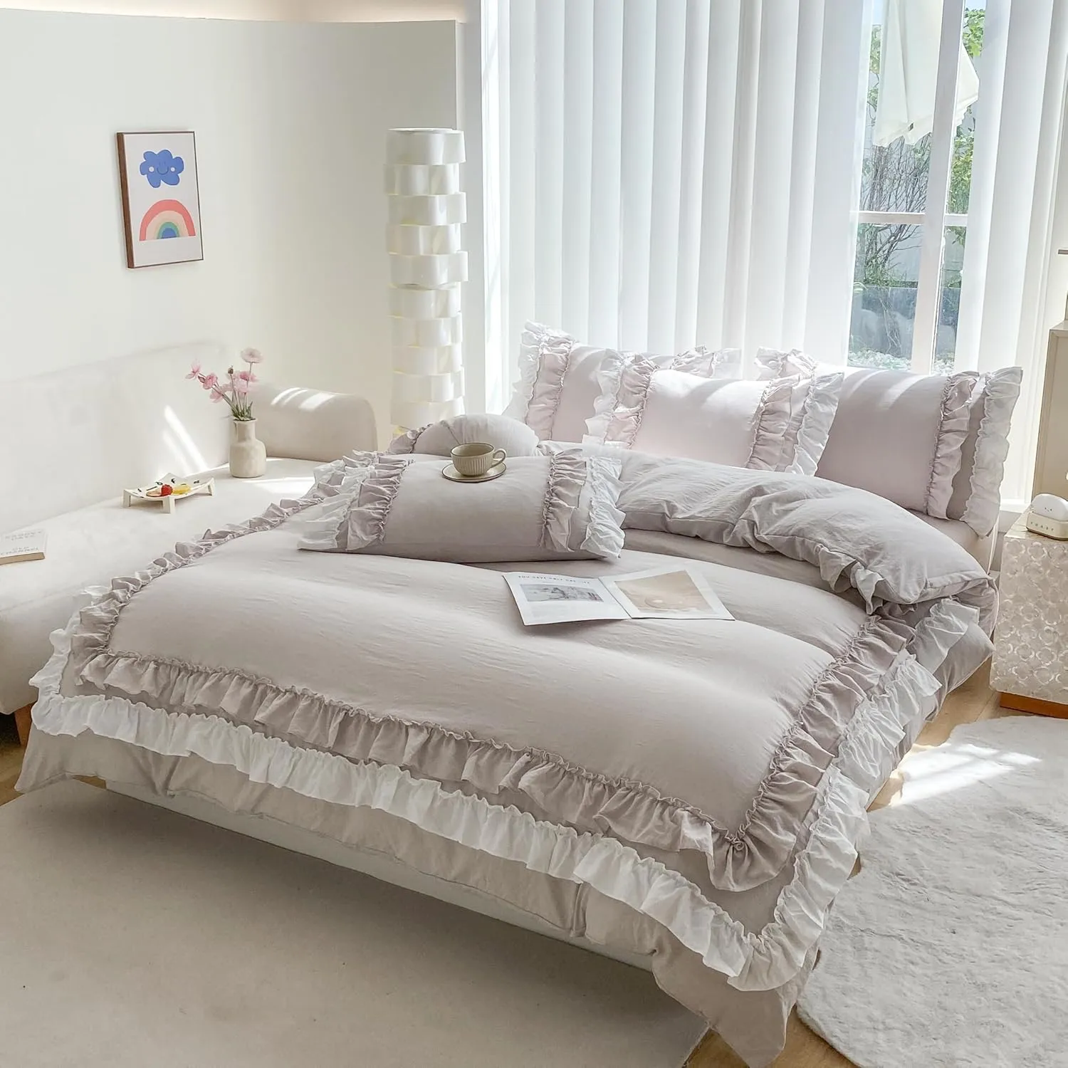 Shabby Chic 3 Pieces Bedding,Vintage Ruffled Full Duvet Cover Set with 2 Layers Ruffles,Soft Brushed Microfiber Set with Zipper Closure,Lightweight Duvet Cover Set-Cream Grey,Full