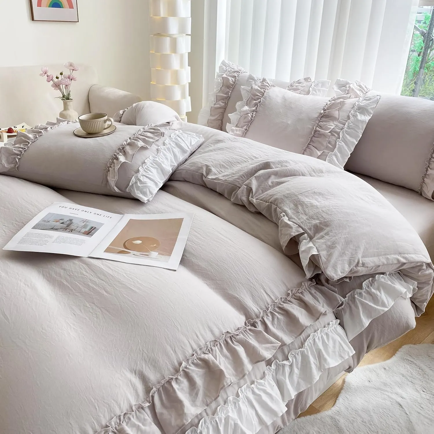 Shabby Chic 3 Pieces Bedding,Vintage Ruffled Full Duvet Cover Set with 2 Layers Ruffles,Soft Brushed Microfiber Set with Zipper Closure,Lightweight Duvet Cover Set-Cream Grey,Full
