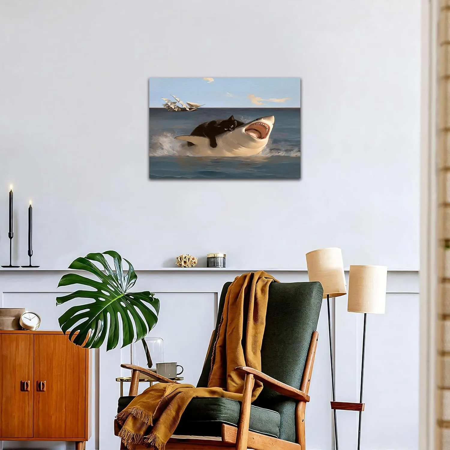 SHMAO Funny Bathroom Cat Canvas Wall Art, Funny Black Cat vs Shark Pictures Canvas Print, Abstract Black Cat and Shark Posters Painting Wall Decor for Home Room Bedroom Living Room Bathroom 18x24 Inch